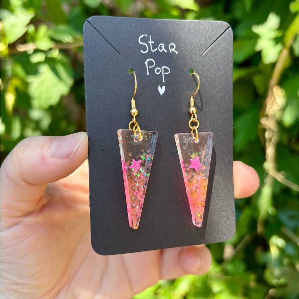 Handmade Glitter Resin Earrings with Pink Stars ✨💖